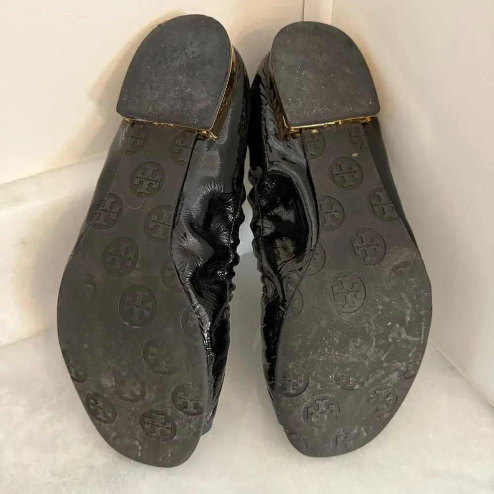 Tory Burch Leather Logo Square Peep Toe Slip-on Ballet Flats Black Size 7.5
